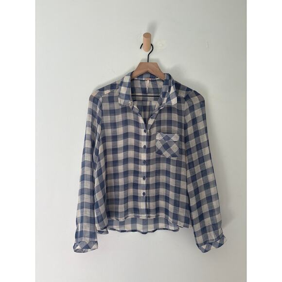 Free People Gauzy Gingham Button Up Shirt Womens Small Buffalo Plaid Semi Sheer - Picture 2 of 9
